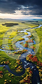 Aerial Photography Of River Flowing Through Green Hills: Tranquility And Beauty