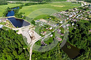 Aerial photography of a rural landscape with ponds and the village