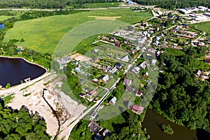 Aerial photography of a rural landscape with ponds and the village