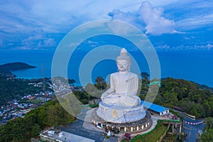 Aerial photography scenery blue sky and blue ocean behind Phuket white big Buddha.