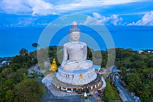 Aerial photography scenery blue sky and blue ocean behind Phuket white big Buddha.