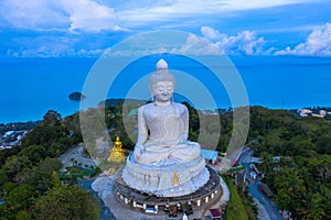 Aerial photography scenery blue sky and blue ocean behind Phuket white big Buddha.