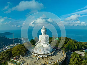 aerial photography scenery blue sky and blue ocean behind Phuket white big Buddha..