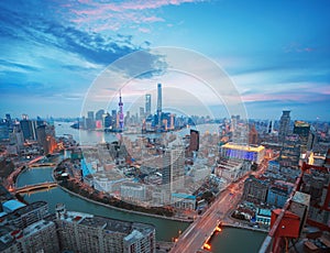 Aerial photography at Shanghai bund Skyline of dusk