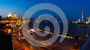 Aerial photography at Shanghai bund Skyline of panorama night sc