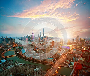 Aerial photography at Shanghai bund Skyline of sunrise