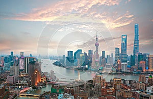 Aerial photography at Shanghai bund Skyline of sunrise