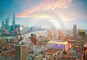 Aerial photography at Shanghai bund Skyline of sunrise