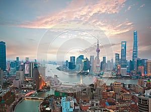 Aerial photography at Shanghai bund Skyline of sunrise