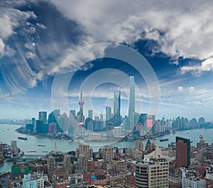 Aerial photography at Shanghai bund Skyline of twilight