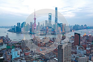 Aerial photography at Shanghai bund Skyline of twilight