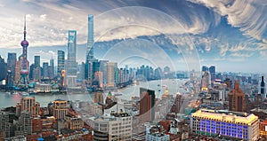 Aerial photography at Shanghai bund Skyline of twilight