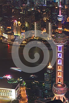 Aerial photography at Shanghai City landmark buildings of night