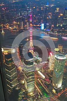 Aerial photography at Shanghai City landmark buildings of night