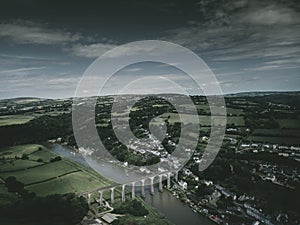 Aerial photography shot of the beautiful territory of Calstock Viaduct in Cornwall, UK