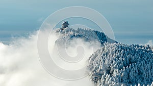 Aerial photography of snow covered Mount Emei in winter, the golden summit of Mount Emei in Sichuan(Huazang Temple)