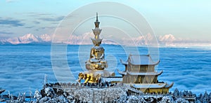 Aerial photography of snow covered Mount Emei in winter, the golden summit of Mount Emei in Sichuan(Huazang Temple)