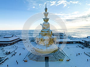 Aerial photography of snow covered Mount Emei in winter, the golden summit of Mount Emei in Sichuan(Huazang Temple)