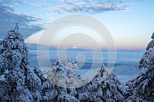 Aerial photography of snow covered Mount Emei in winter, the golden summit of Mount Emei in Sichuan(Huazang Temple)