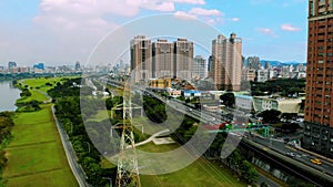 Aerial photography, Taipei, Keelung River, Park, electric tower, city