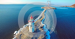Aerial photography Tokarev lighthouse on the background of the blue sea