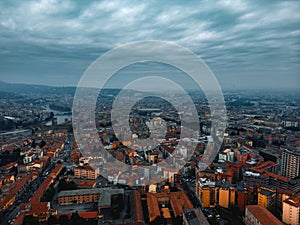 Aerial Photography of Verona city. Urban skyline, historical city centre, red tiled roofs, Veneto Region, Italy