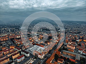 Aerial Photography of Verona city. Urban skyline, historical city centre, red tiled roofs, Veneto Region, Italy