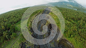 Aerial photography of volcanic outflowing river for ash. Legazpi city. The Mayon Volcano. Philippines.