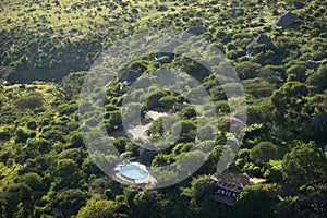 Aerial photos of overlooking Lewa Conservancy and lodging in Kenya, Africa