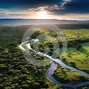 Aerial photos of river and Lewa Conservancy in Africa