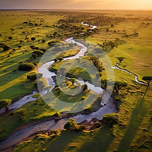 Aerial photos of river and Lewa Conservancy in Africa