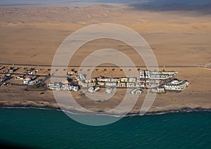Aerial picture of Afrodite Beach at the Atlantic Ocean on the Skeleton Coast in western Namibia photo