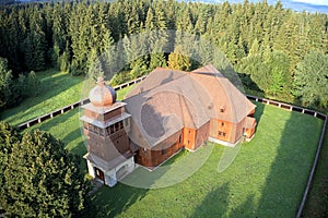 Aerial picture of articular wooden church in Svaty Kriz