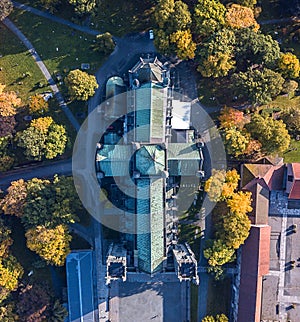 Aerial picture of Nidaros Cathedral in autumn