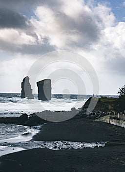 Aerial picture of wild rock formations in the middle of the open atlantic ocean next to Mosteiros, in Sao Miguel island