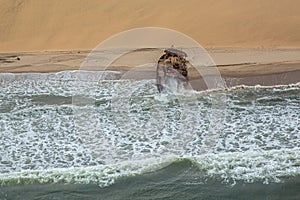 Aerial picture of a wreck sunken in front of Namibias westcoast