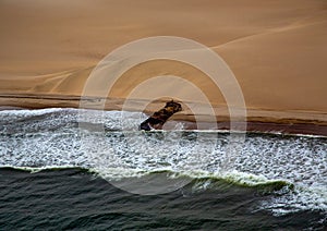 Aerial picture of a wreck sunken in front of Namibias westcoast