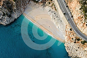 Aerial, picturesque sea bay with beautiful Kaputas beach with turquoise water