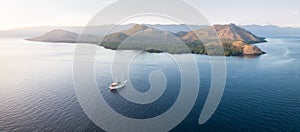 Aerial of Pinisi Ship and Islands in Indonesia