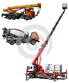 Aerial platform, concrete mixer truck, truck crane isolated on white background.