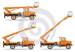 Aerial platform truck with different boom position. Heavy construction machine. Building machinery. Special equipment