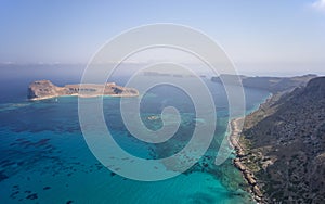 Aerial on Platiskinos mountain range and Gramvoussa islands near Balos lagoon. Crete, Greece