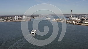 Aerial of Portsmouth Harbour entrance and ferries.