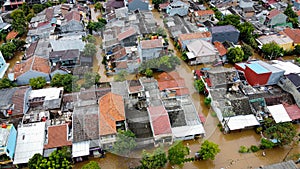 Aerial POV view Depiction of flooding. devastation wrought after massive natural disasters at Bekasi - Indonesia