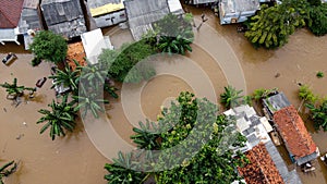 Aerial POV view Depiction of flooding. devastation wrought after massive natural disasters at Bekasi - Indonesia