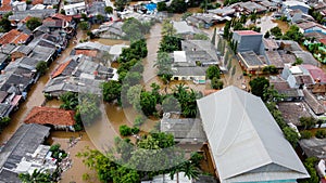 Aerial POV view Depiction of flooding. devastation wrought after massive natural disasters at Bekasi - Indonesia photo