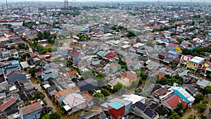 Aerial POV view Depiction of flooding. devastation wrought after massive natural disasters at Bekasi - Indonesia