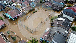 Aerial POV view Depiction of flooding. devastation wrought after massive natural disasters at Bekasi - Indonesia