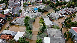 Aerial POV view Depiction of flooding. devastation wrought after massive natural disasters at Bekasi - Indonesia