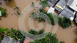 Aerial POV view Depiction of flooding. devastation wrought after massive natural disasters at Bekasi - Indonesia